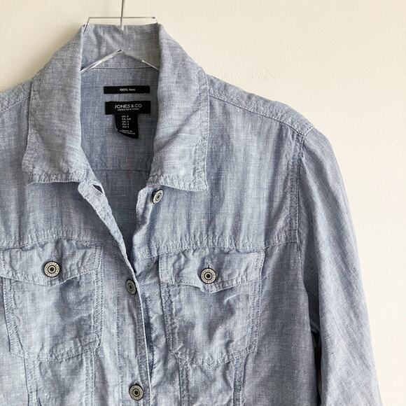 Jones New York Jones & Co Small Jacket 100% Linen Light Blue Pockets Spring - Picture 2 of 7
